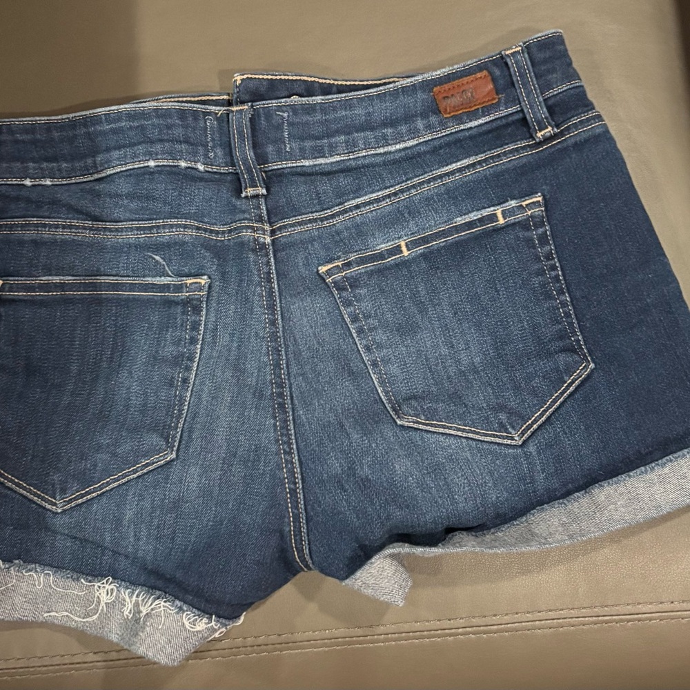 Paige Dark Blue Frayed Hem Denim Shorts